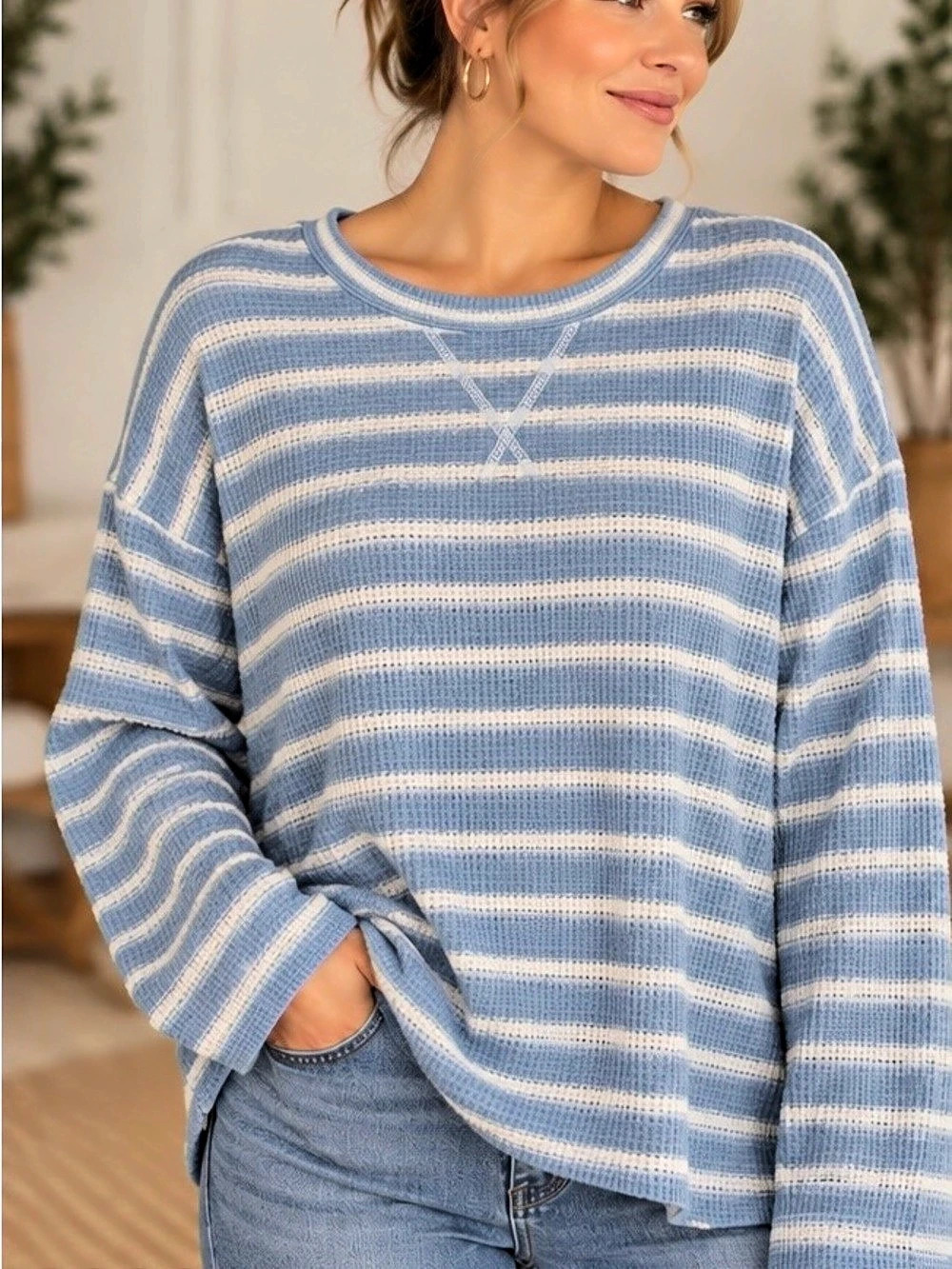 24/7 by maurices Striped Sweater in Dusty Blue & White XL Like New